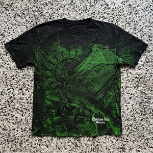 Vintage Tee Shirt Chichen Itza Mexico Black Green Iguana Pyramid Print Men’s